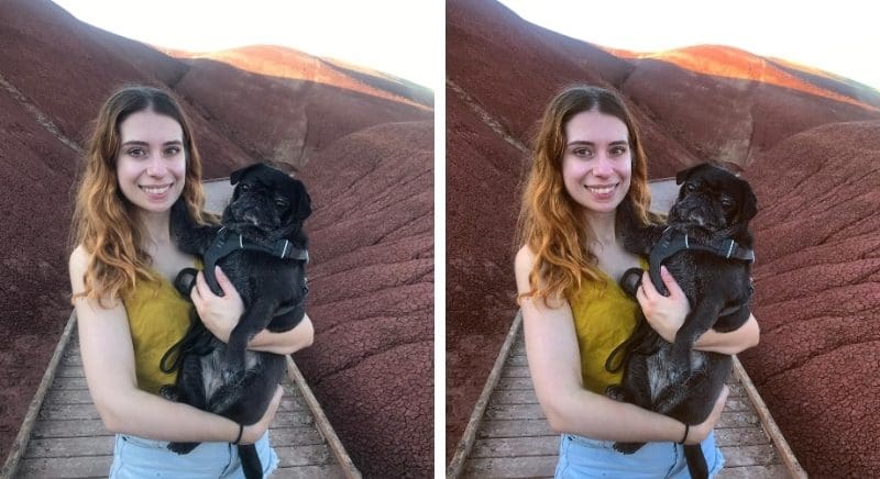 Two versions of the same photo, one filtered, one not. The photos show a white woman with red hair (the author) holding Jane the pug.