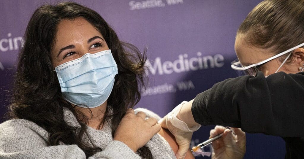 Emily Agudo receives COVID-19 vaccine