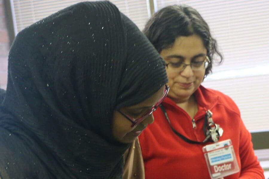Dr. Monica Vavilala teaching a course on Stop the Bleed to a member of the Somali Health Board.