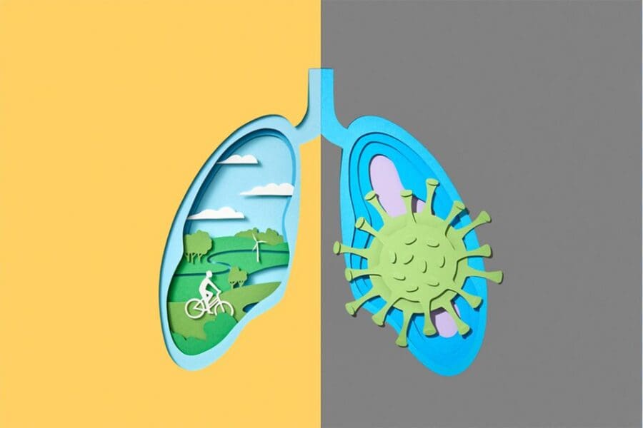 Left lungs with bicycle and right lung with COVID illustration