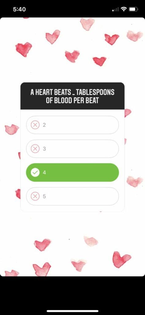 An Instagram story reads "A heart beats x tablespoons of blood per beat?" With the correct answer 4 highlighted.