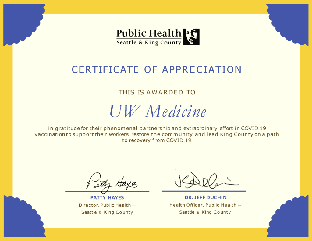 certificate for UW Medicine from Public Health – Seattle & King County