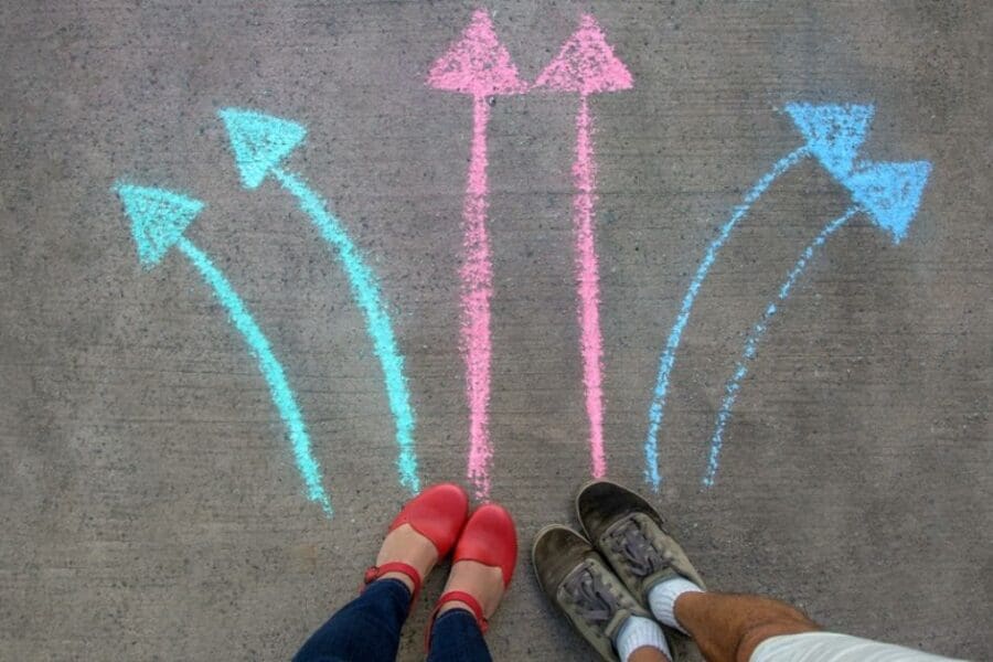 People stand by arrows pointing different directions