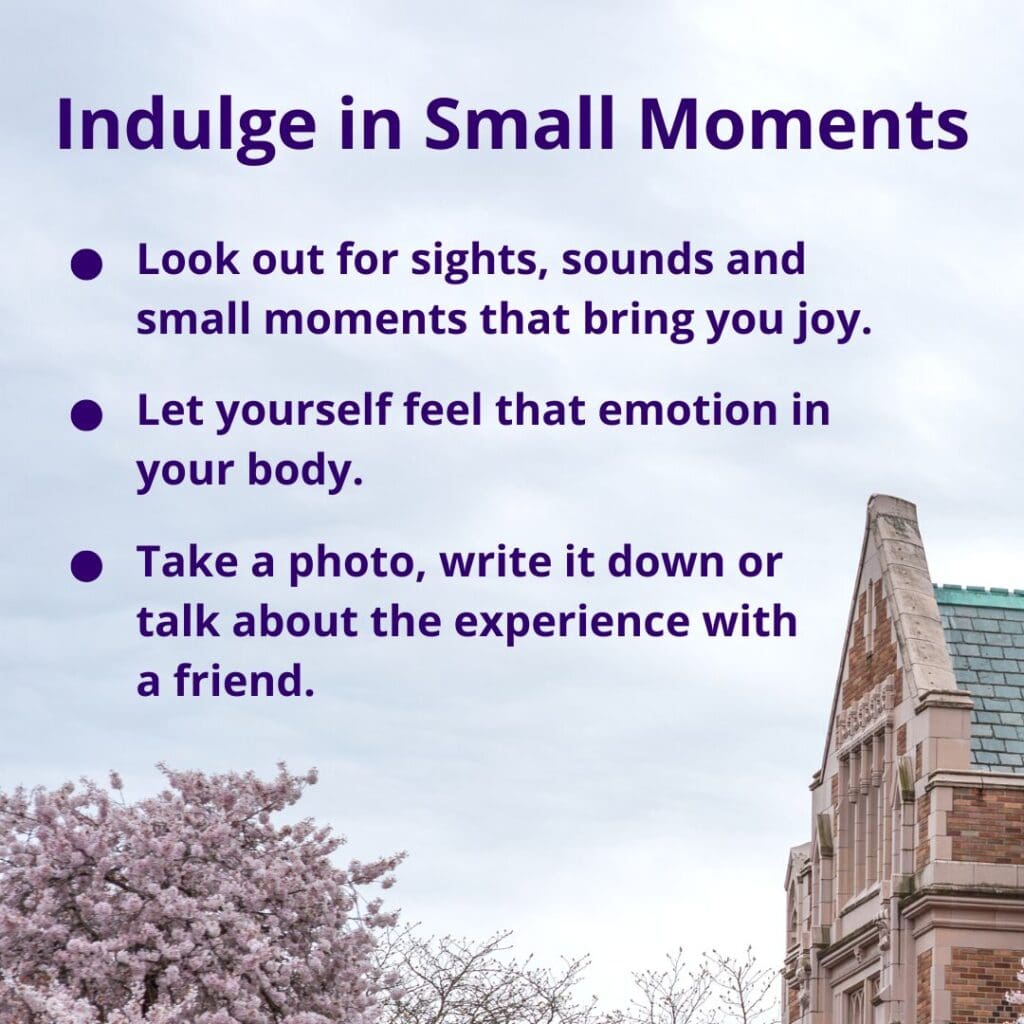 Indulge in small moments by taking a photo, writing it down or talking about the moment with a friend.