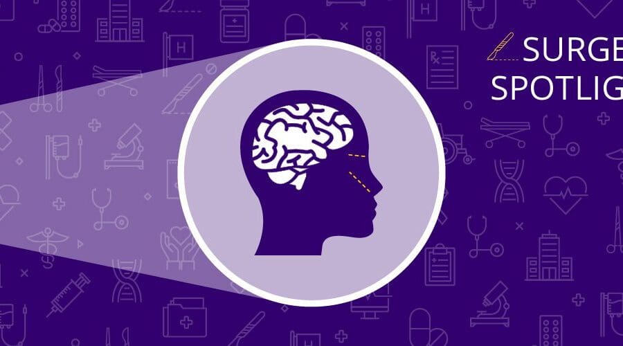An illustration in purple tones of a human head and brain in a spotlight.