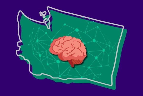 Washington state with a brain and network on it.