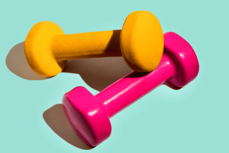 yellow and pink dumbells on blue background