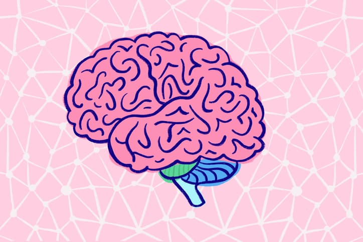 An illustration of a brain on a pink and white background